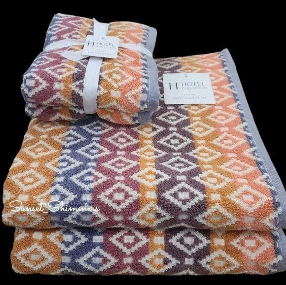 4pc Hotel Collection Multicolor Diamond Tile Aztec 2 Bath 2 Hand Towel Set New